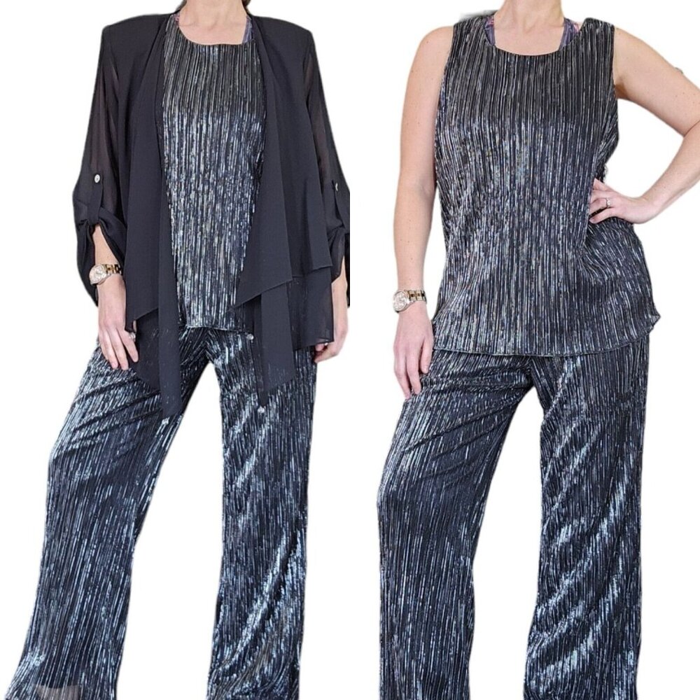 Vintage 90s L/XL Black Evening Formal Pants Set Silver Sheer Topper Flowy Weddin